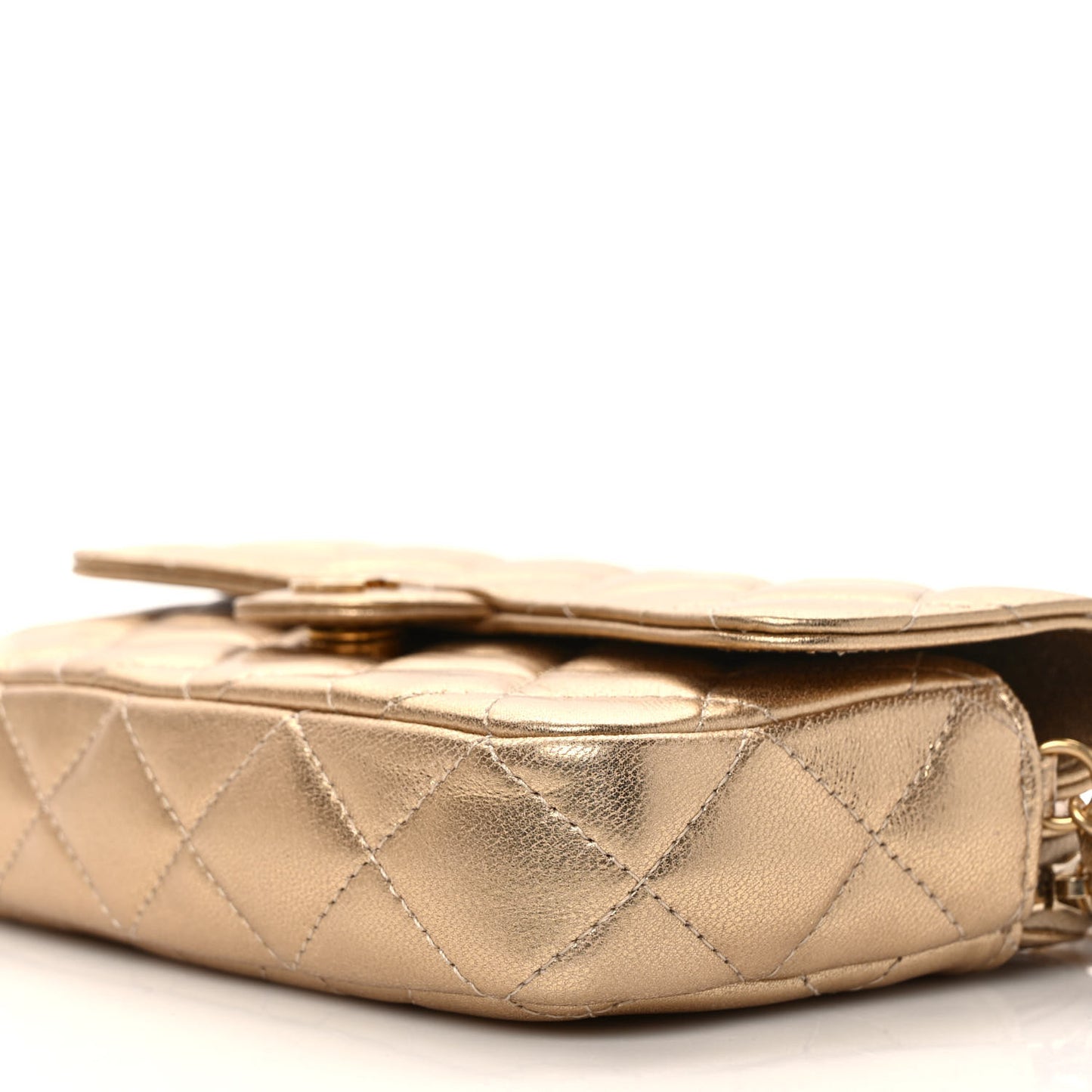 Metallic Lambskin Quilted Flap Phone Holder With Chain Gold
