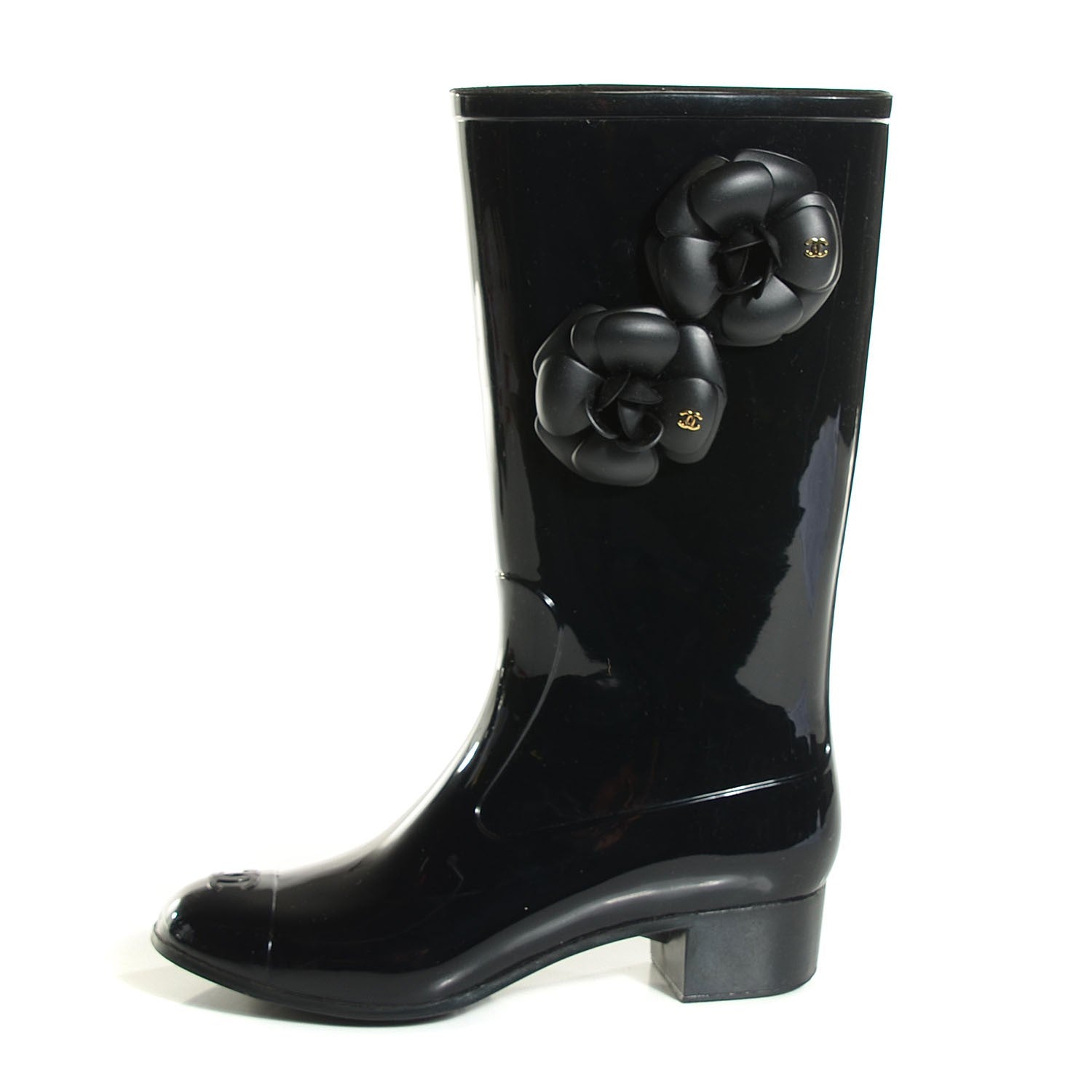 Chanel Rubber Glitter Camellia Rain Boots 38 Black 1 of 6