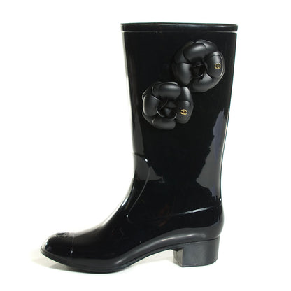 Chanel Rubber Glitter Camellia Rain Boots 38 Black 1 of 6