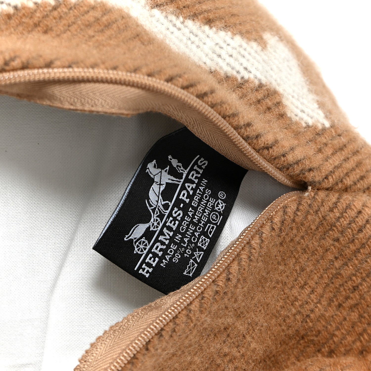 Hermes Wool Cashmere Avalon Pillow GM Ecru Camel 1806968