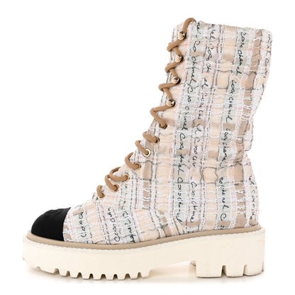 Chanel Tweed Grosgrain Cap Toe Lace Up Combat Boots 37 Multicolor 1 of 14