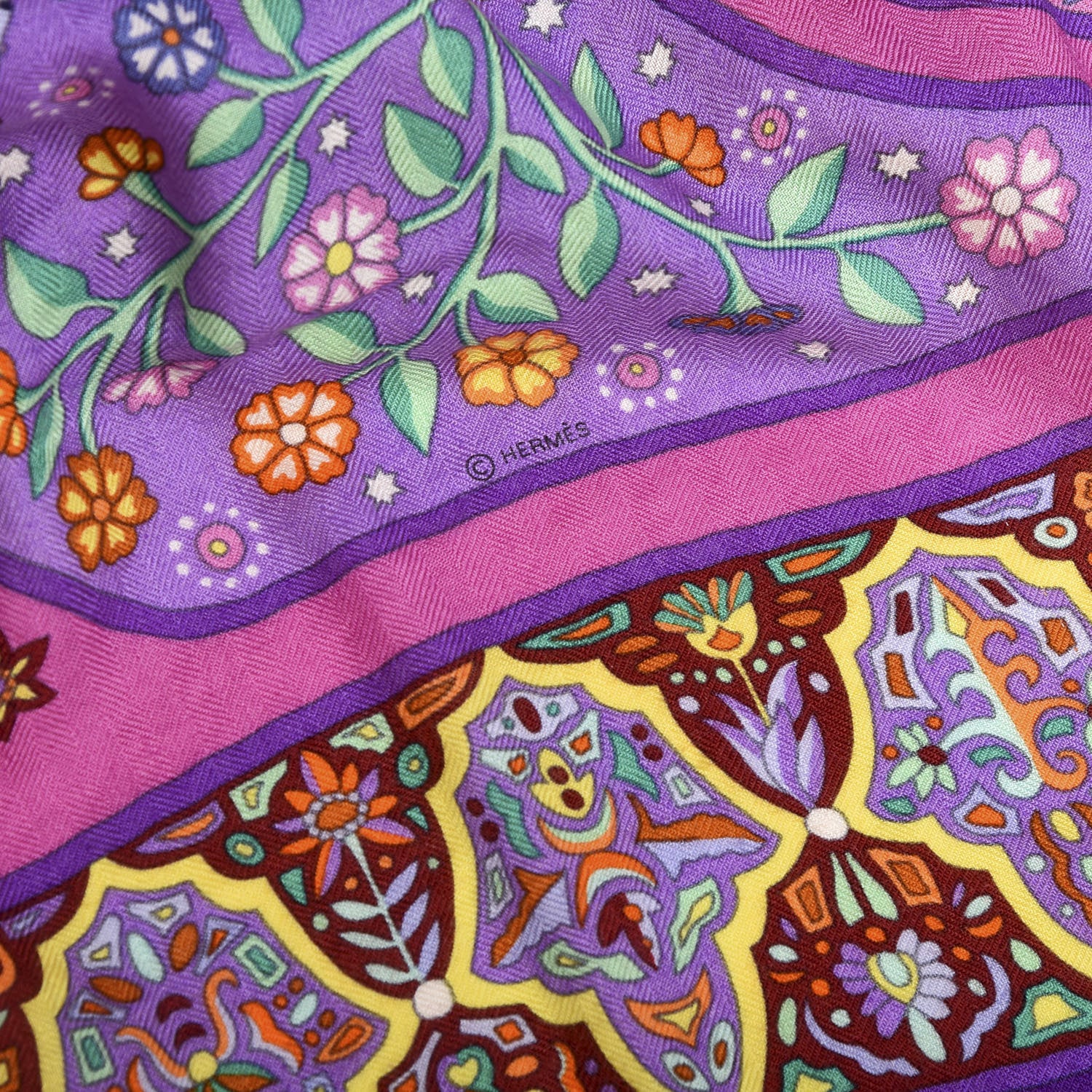 Hermes Cashmere Silk Aux Portes Du Palais Shawl 140 Violet Orange Vert 3 of 4