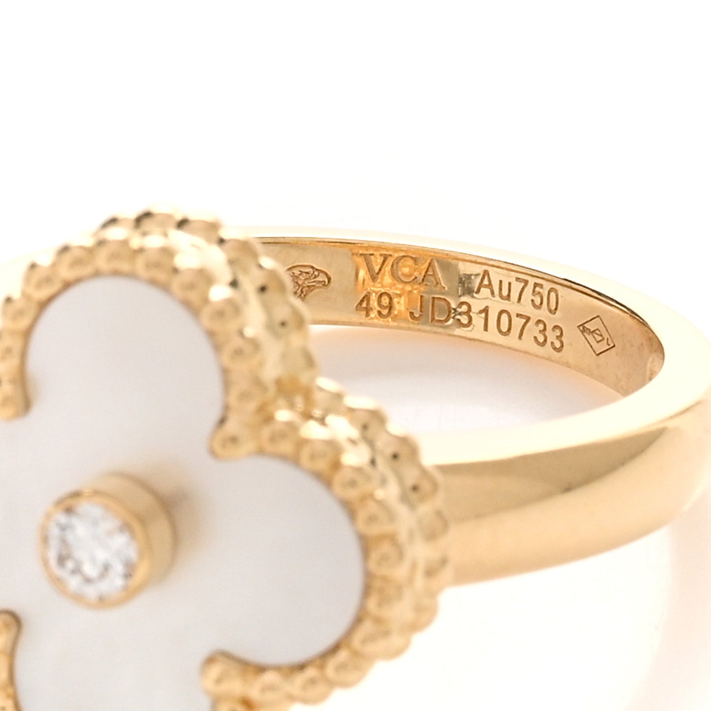 18K Yellow Gold Diamond Mother of Pearl Vintage Alhambra Ring 49 5