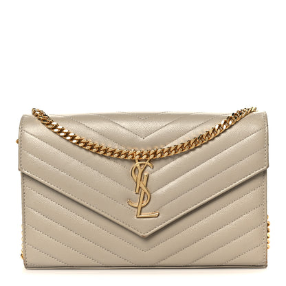 Saint Laurent Grain De Poudre Matelasse Chevron Monogram Chain Wallet Sea Salt 7 of 9