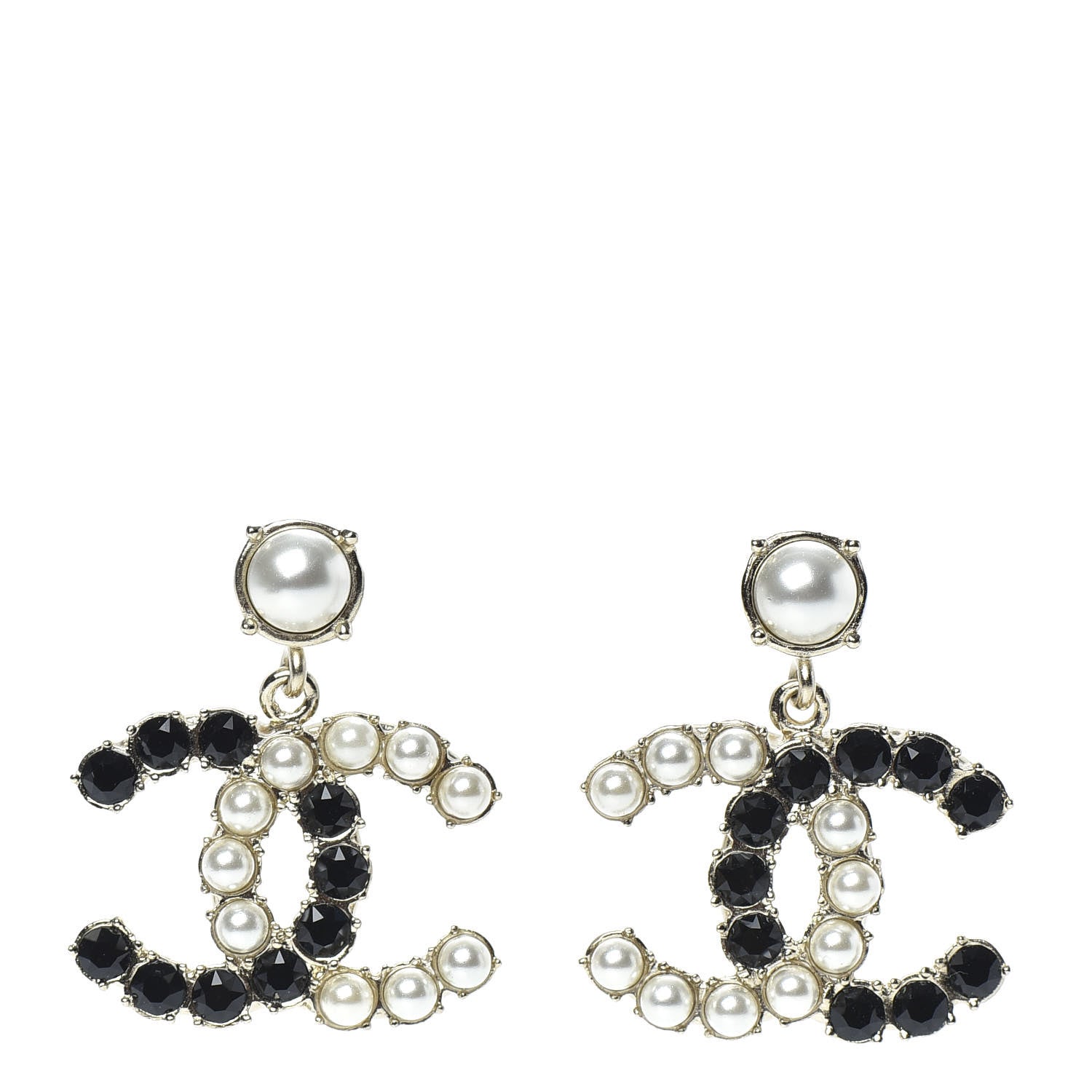 Chanel Resin Pearl Dazzling Domino CC Drop Earrings Gold Black 1 of 5