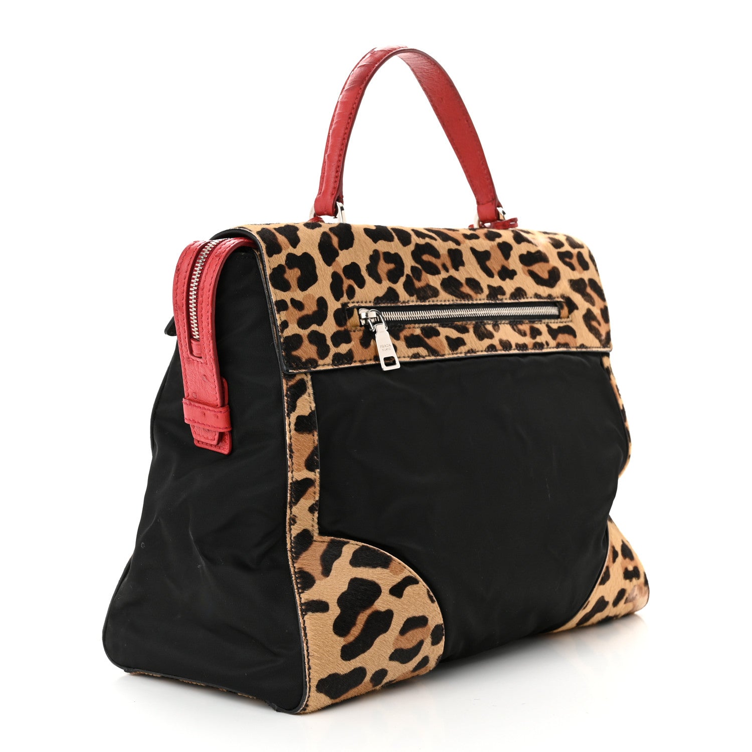 Prada Tessuto Cavallino Ostrich Leopard Print Tote Black Miele Rosso 3 of 12