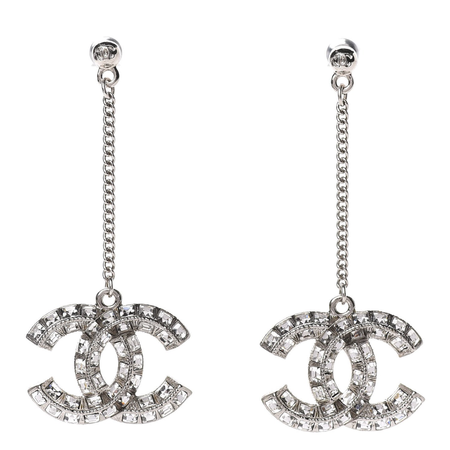 Baguette Crystal CC Drop Earrings Silver