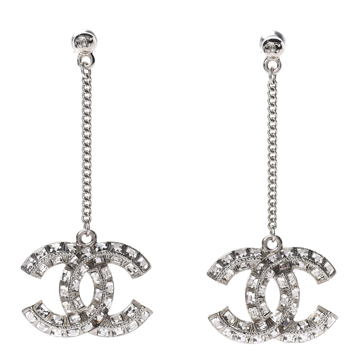 Chanel Baguette Crystal CC Drop Earrings Silver 1 of 4