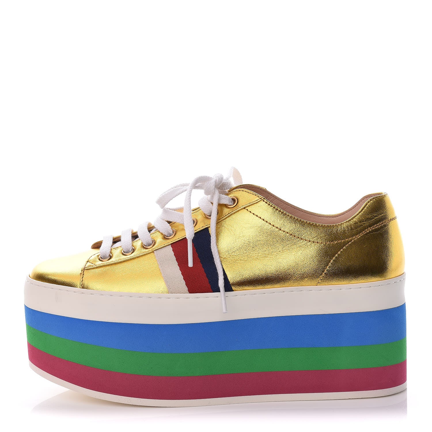 Gucci Metallic Nappa Sylvie Web Peggy Platform Sneakers 37.5 Oro Vecchio 1 of 12