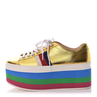 Gucci Metallic Nappa Sylvie Web Peggy Platform Sneakers 37.5 Oro Vecchio 1 of 12