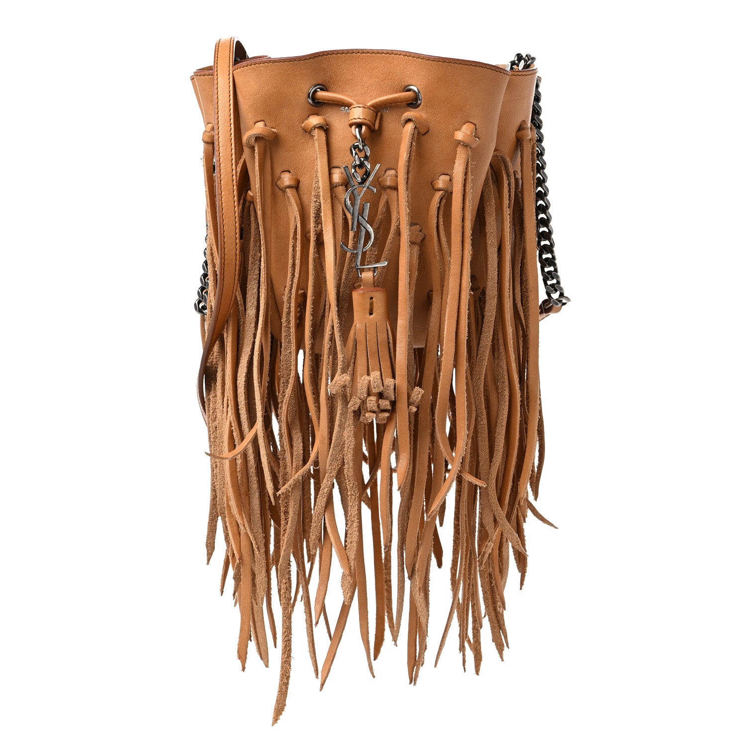 Saint Laurent Calfskin Fringe Monogram Mini Bourse Bucket Bag Tan 1 of 16