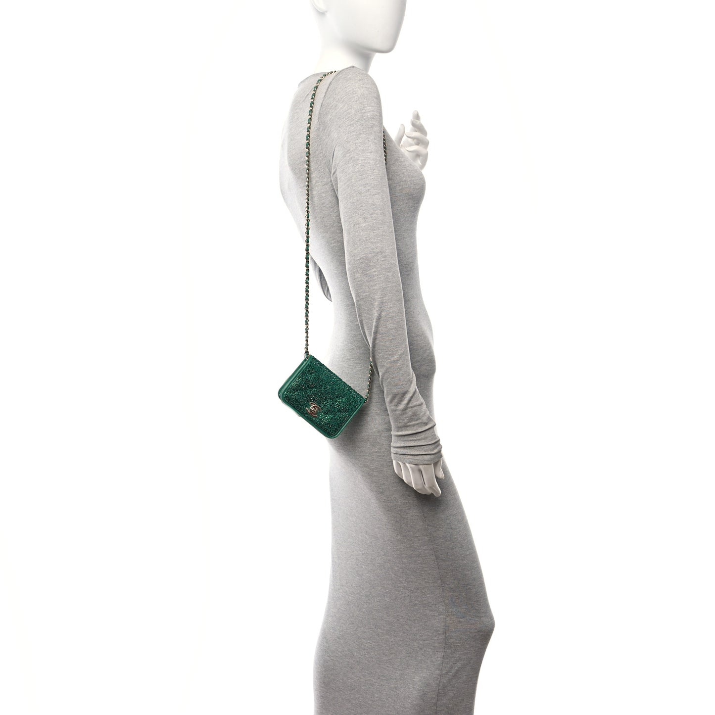 Lambskin Crystal Diamante Clutch With Chain Green