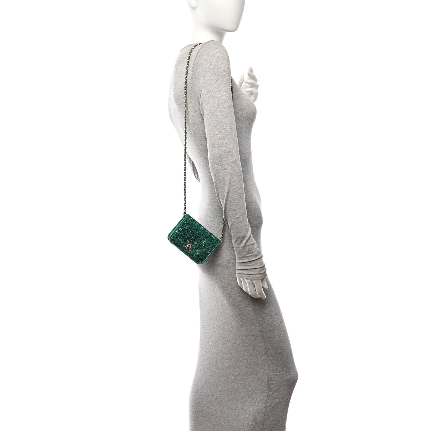 Chanel Lambskin Crystal Diamante Clutch With Chain Green 2 of 12