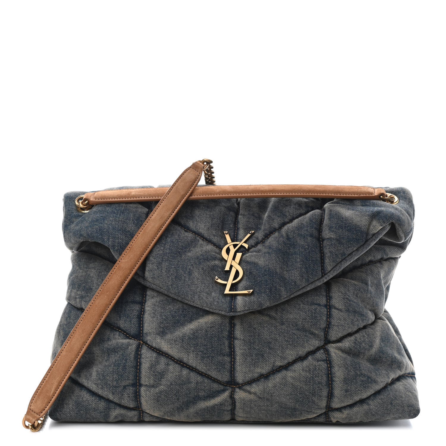 Saint Laurent Denim Quilted Medium Loulou Puffer Monogram Chain Satchel Blue Cinnamon 1 of 9
