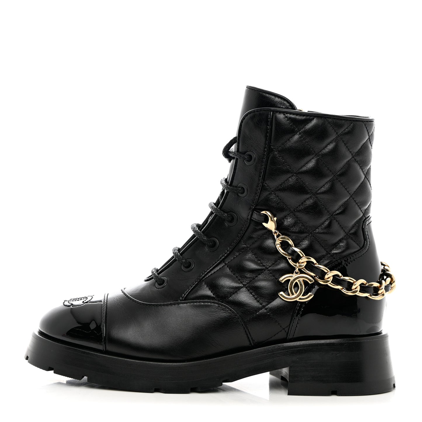 Shiny Calfskin Patent Quilted Chain Lace Up Combat Boots 36.5 Black