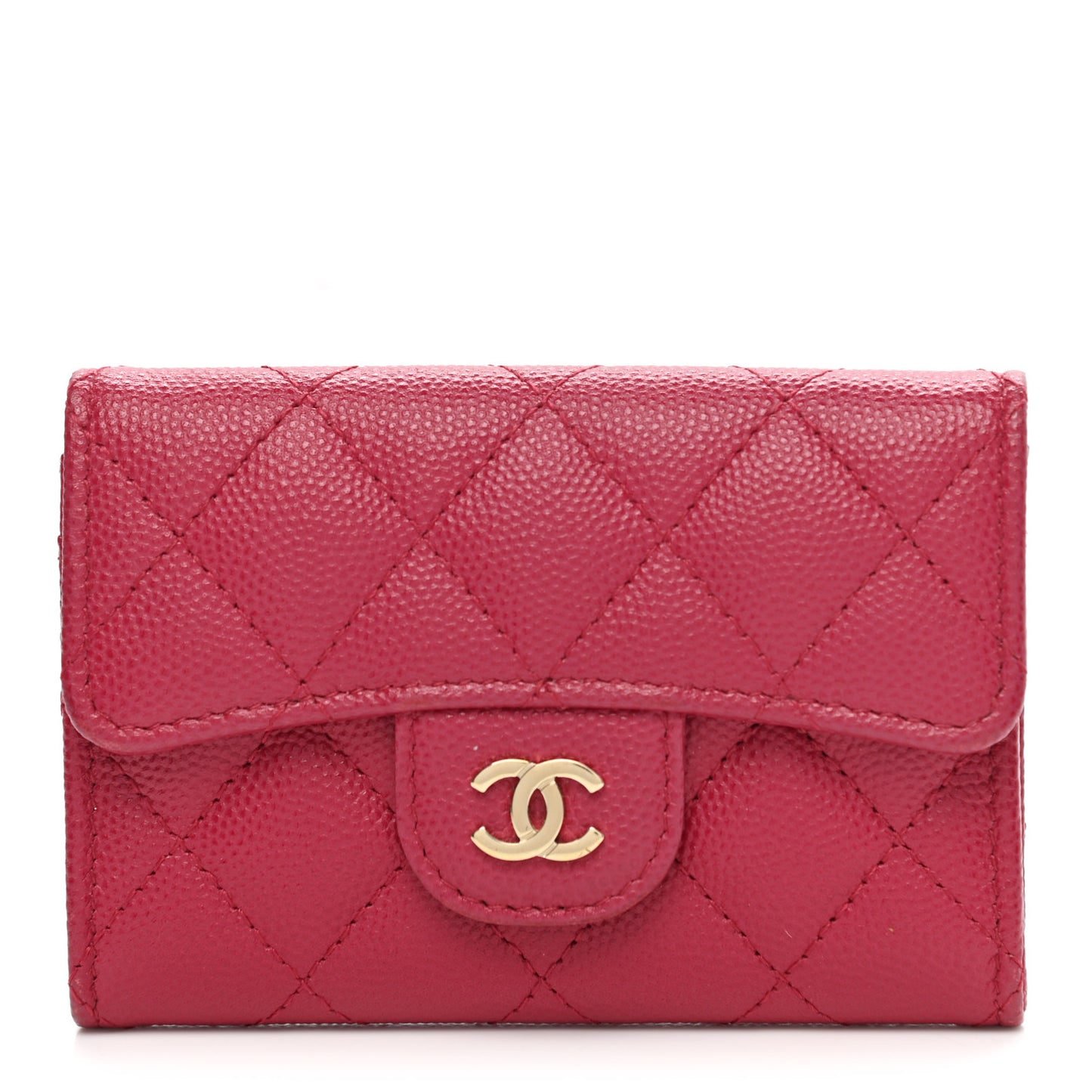 Caviar Quilted Flap Card Holder Wallet Dark Pink
