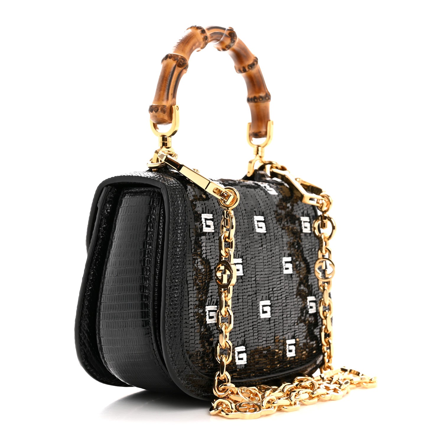 Gucci Sequin Lizard Embossed GG Mini Bamboo 1947 Top Handle Chain Bag Black White 3 of 10
