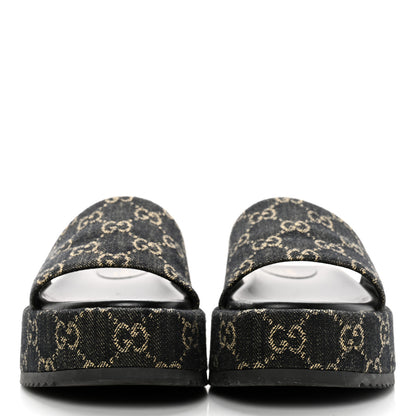Gucci Jacquard Black Denim GG Monogram Angelina Platform 55mm Slide Sandals 38 Black Ivory 2 of 13