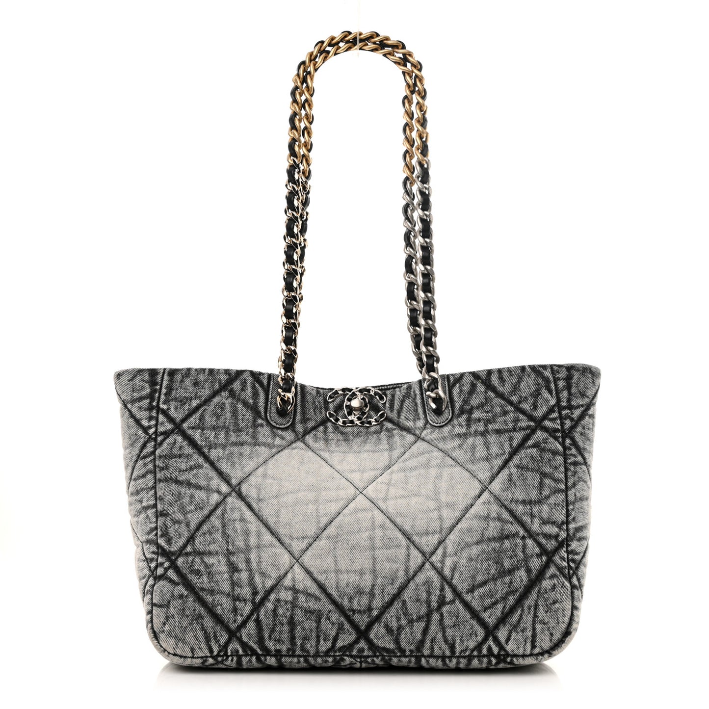 Washed Denim Quilted Chanel 19 East West Shopping Bag Black White