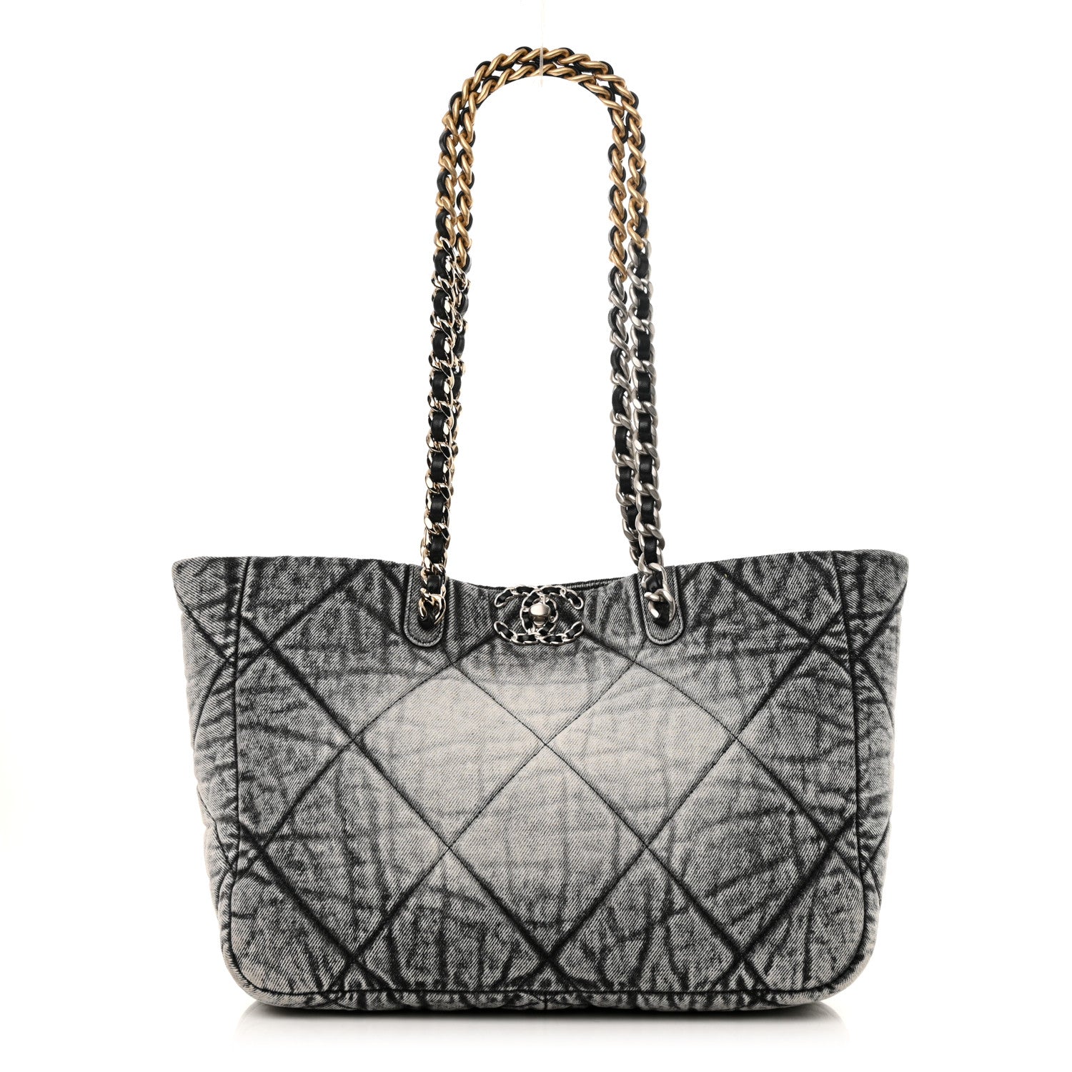Chanel Washed Denim Quilted Chanel 19 East West Shopping Bag Black White 1 of 10