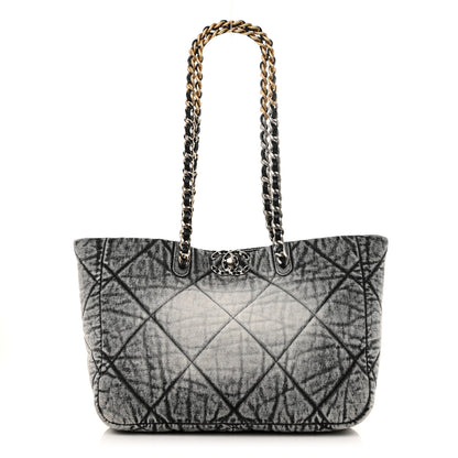 Chanel Washed Denim Quilted Chanel 19 East West Shopping Bag Black White 1 of 10