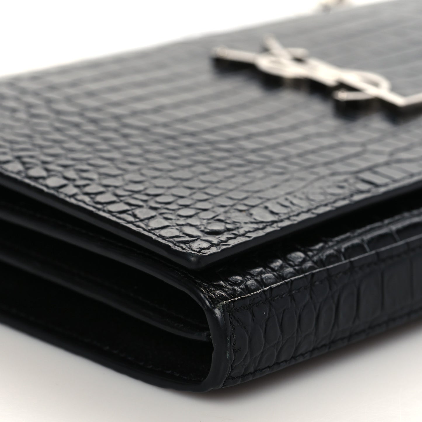 Calfskin Crocodile Embossed Monogram Chain Wallet Black