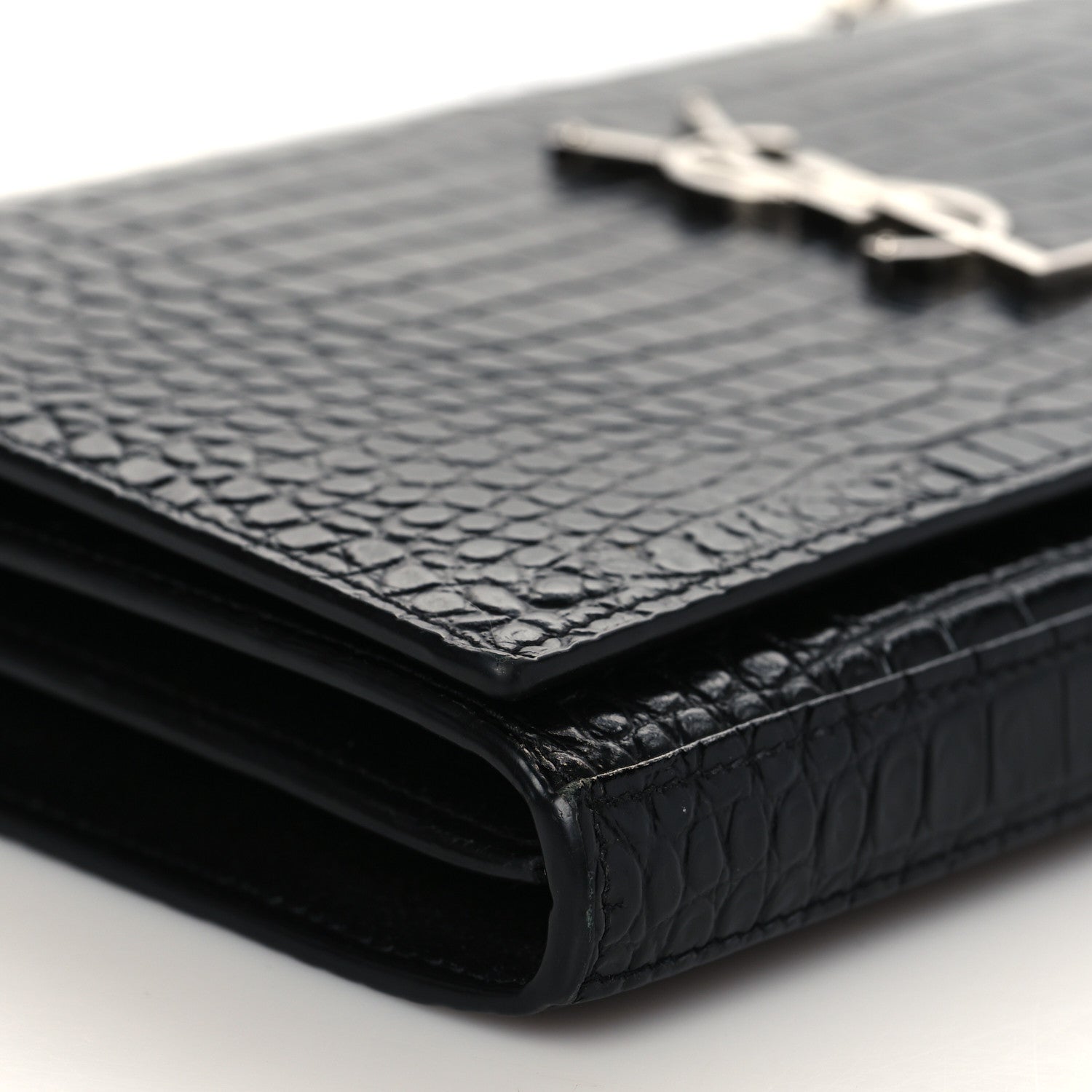Saint Laurent Calfskin Crocodile Embossed Monogram Chain Wallet Black 9 of 10