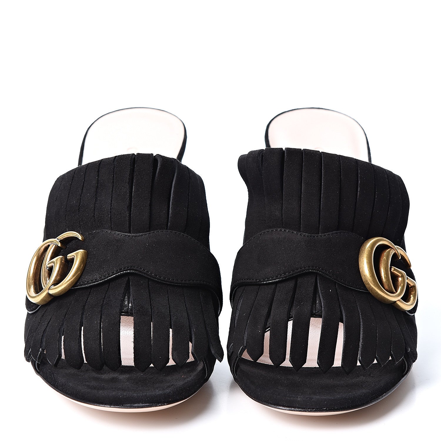 Gucci Kid Scamosciato GG Marmont Fringe 75mm Slide Sandals 37.5 Black 2 of 9
