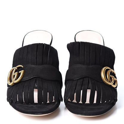 Gucci Kid Scamosciato GG Marmont Fringe 75mm Slide Sandals 37.5 Black 2 of 9