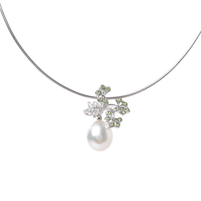 Mikimoto 18K White Gold Diamond Demantoid Garnet Akoya Pearl Flower Drop Pendant Necklace 4 of 6