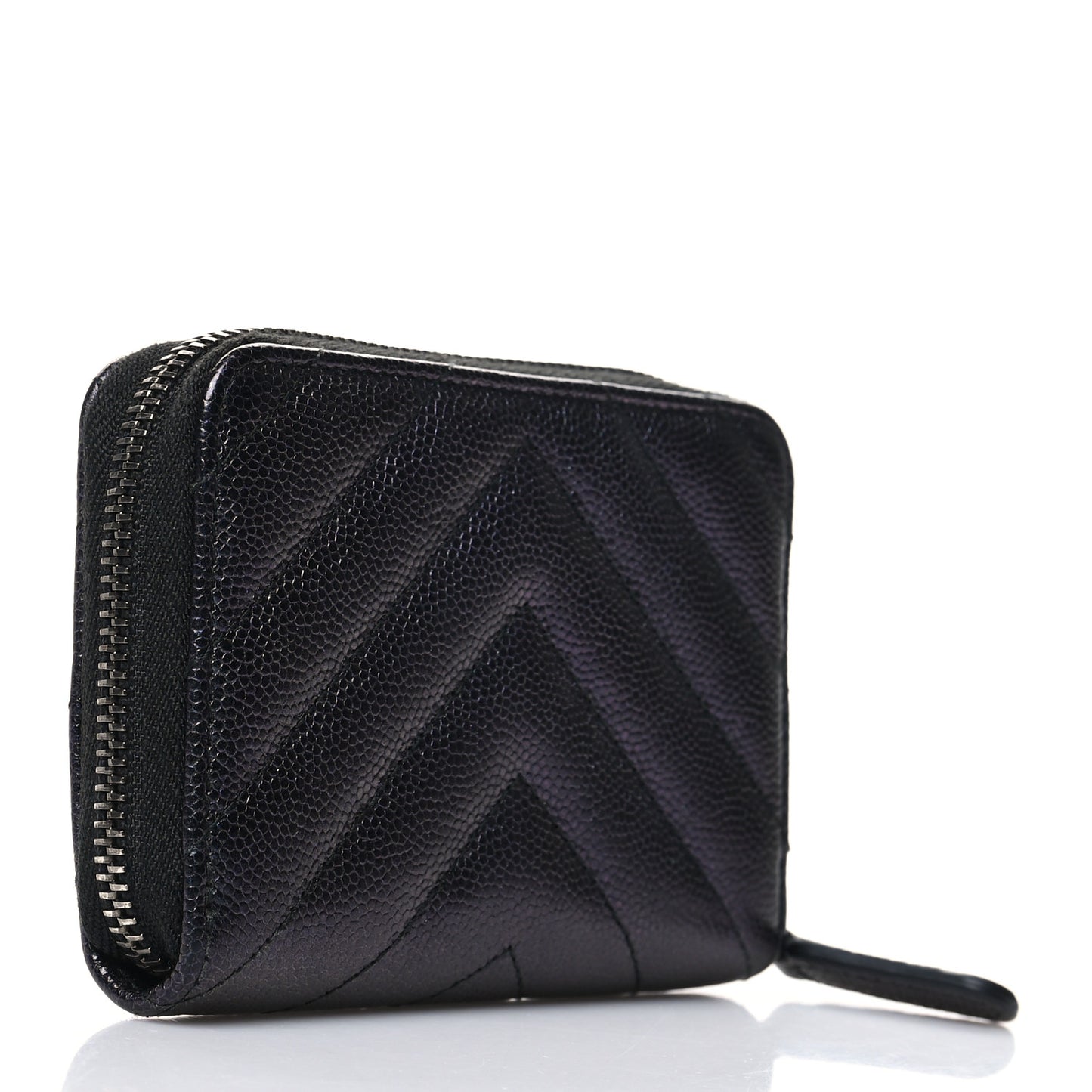 Iridescent Caviar Chevron Quilted Zip Around Coin Purse Black