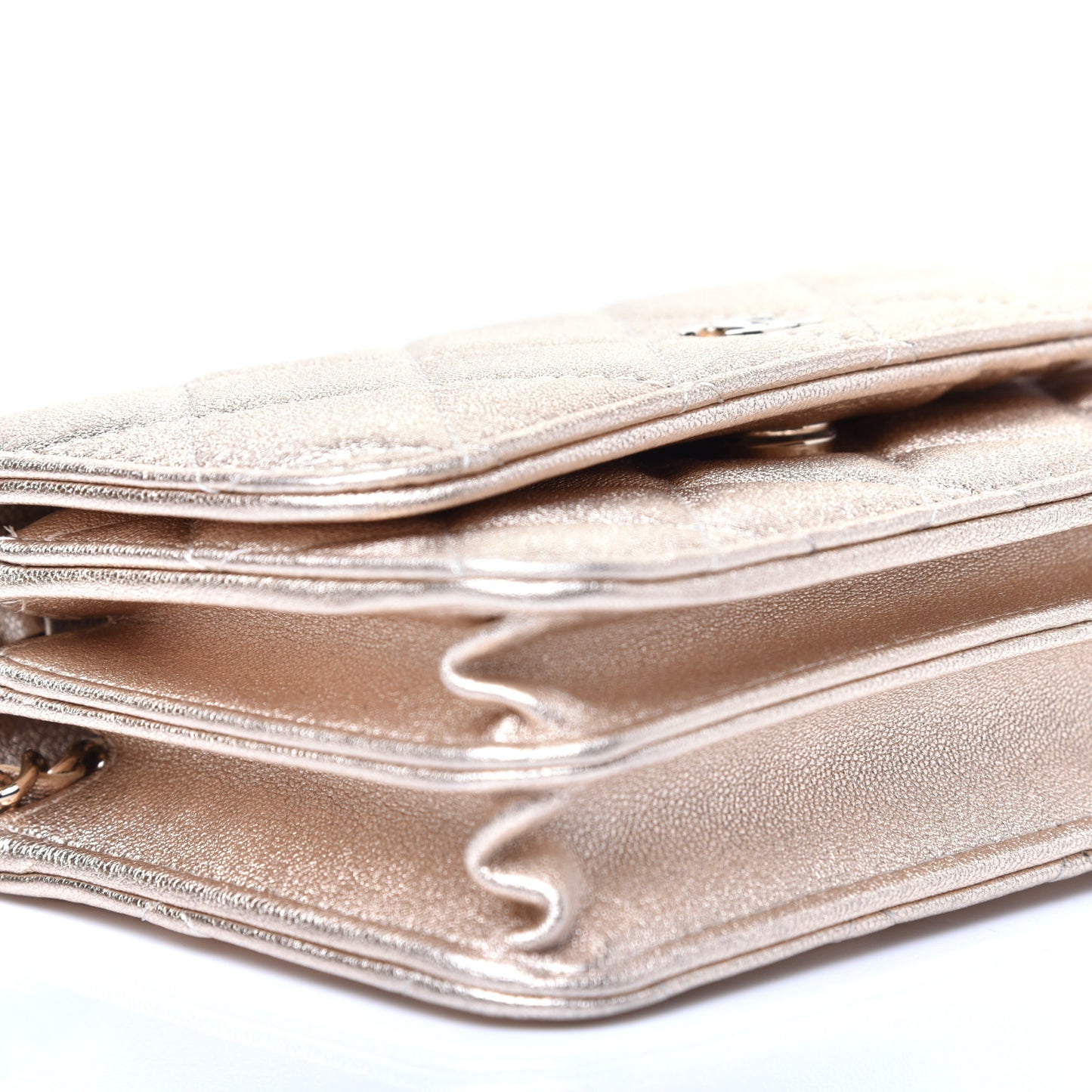 Metallic Lambskin Quilted Mini Wallet On Chain WOC Gold
