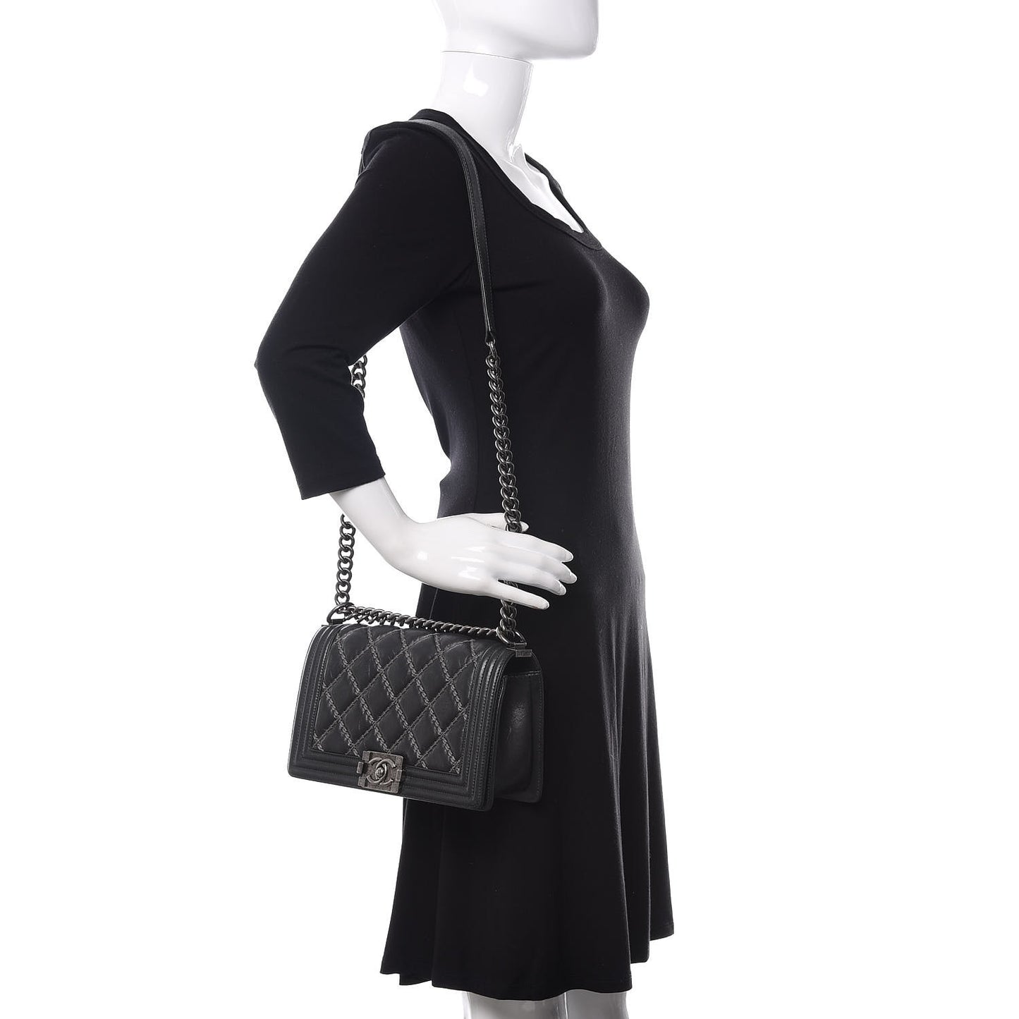 Iridescent Calfskin Embellished Double Stitch Medium Boy Flap Black