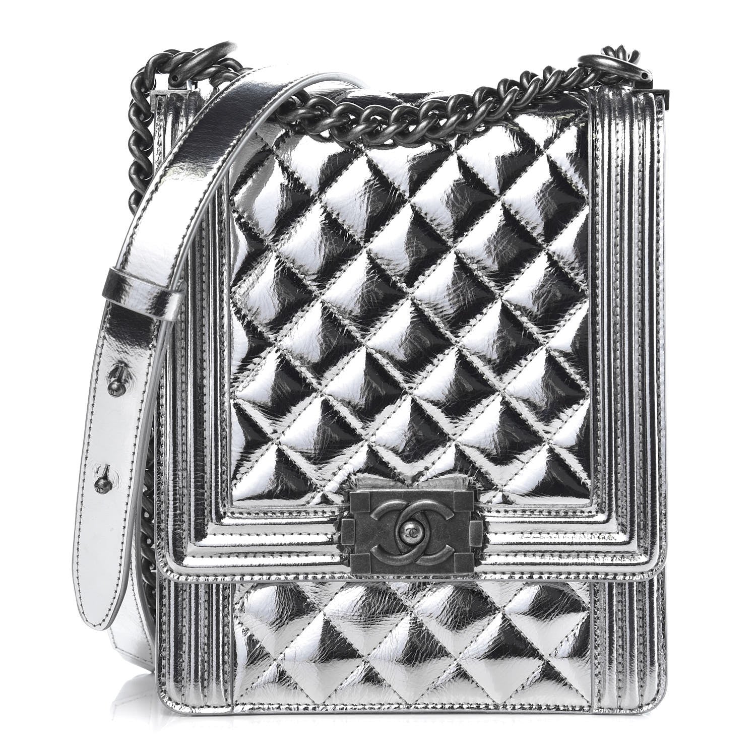 Chanel Goatskin Quilted North South Boy Flap Silver 1 of 8