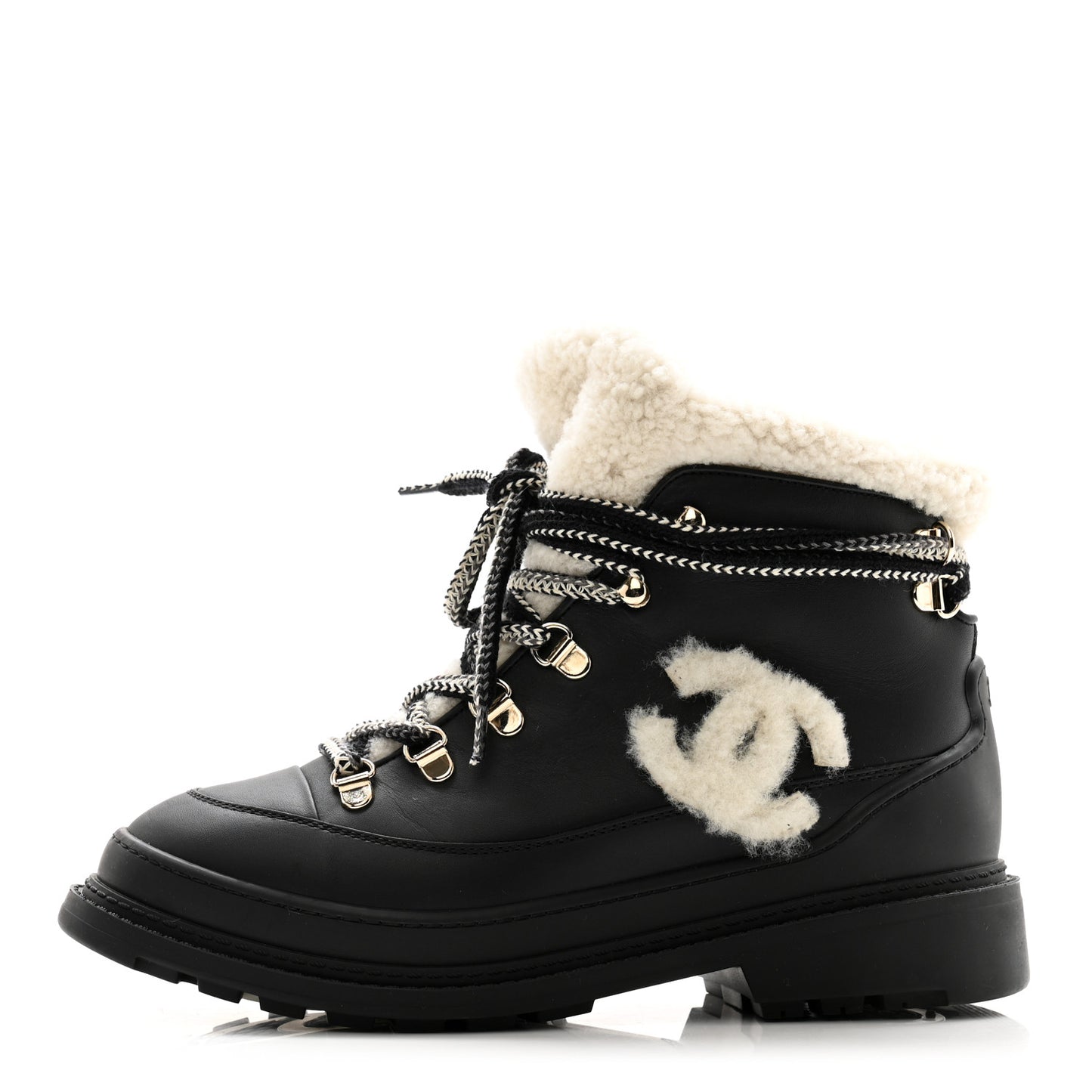 Calfskin Shearling CC Lace Up Boots 36.5 Black
