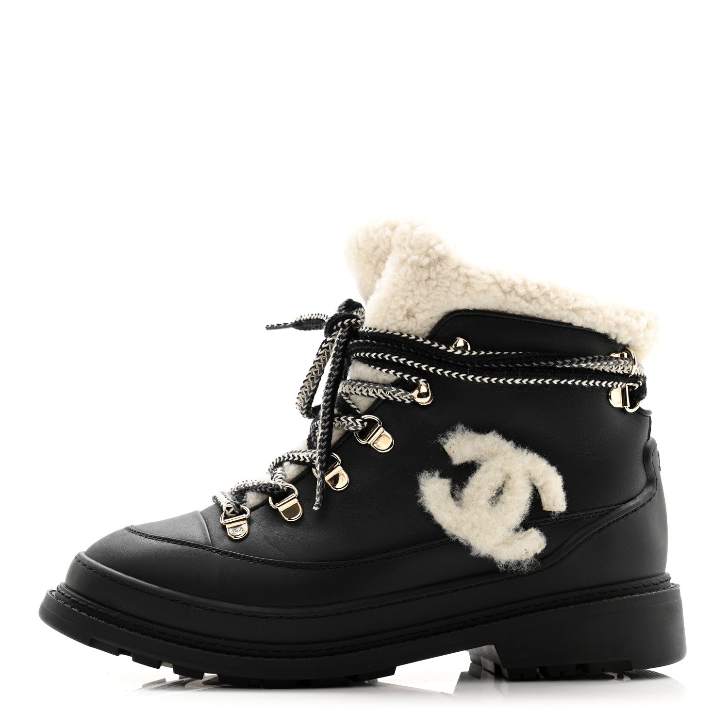 Chanel Calfskin Shearling CC Lace Up Boots 36.5 Black 1 of 11