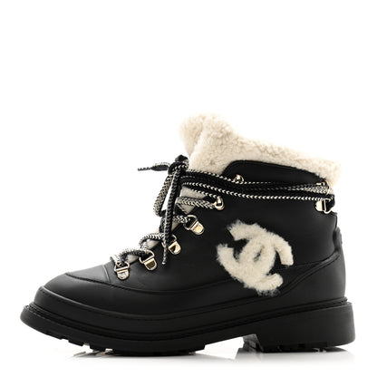 Chanel Calfskin Shearling CC Lace Up Boots 36.5 Black 1 of 11