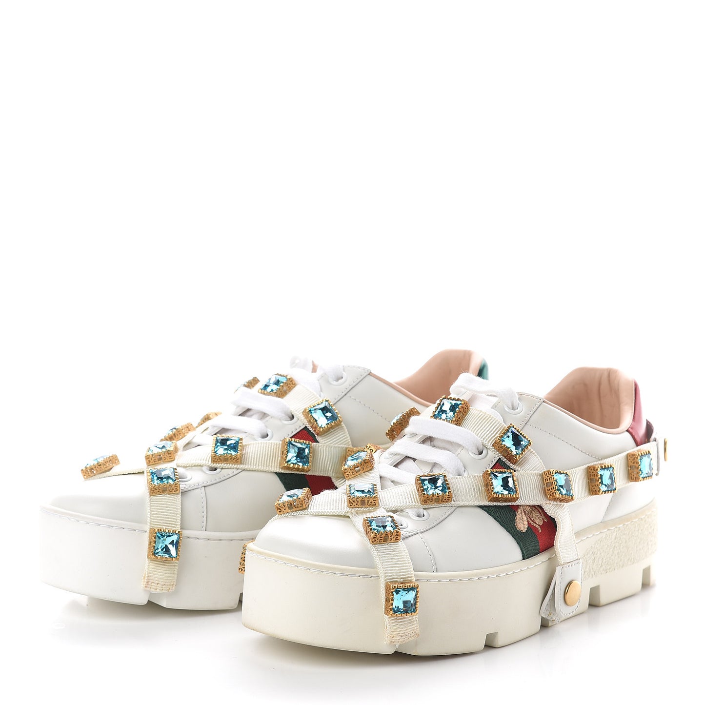 Calfskin Removable Crystals Bee Embroidered Womens Ace Platform Sneakers 37.5 White