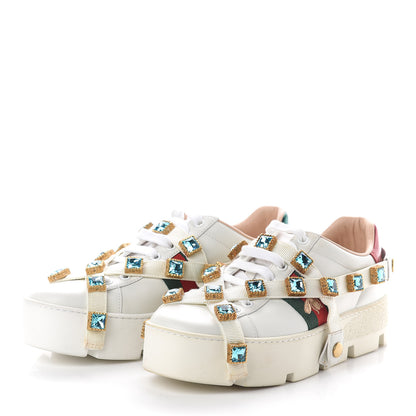 Gucci Calfskin Removable Crystals Bee Embroidered Womens Ace Platform Sneakers 37.5 White 3 of 7