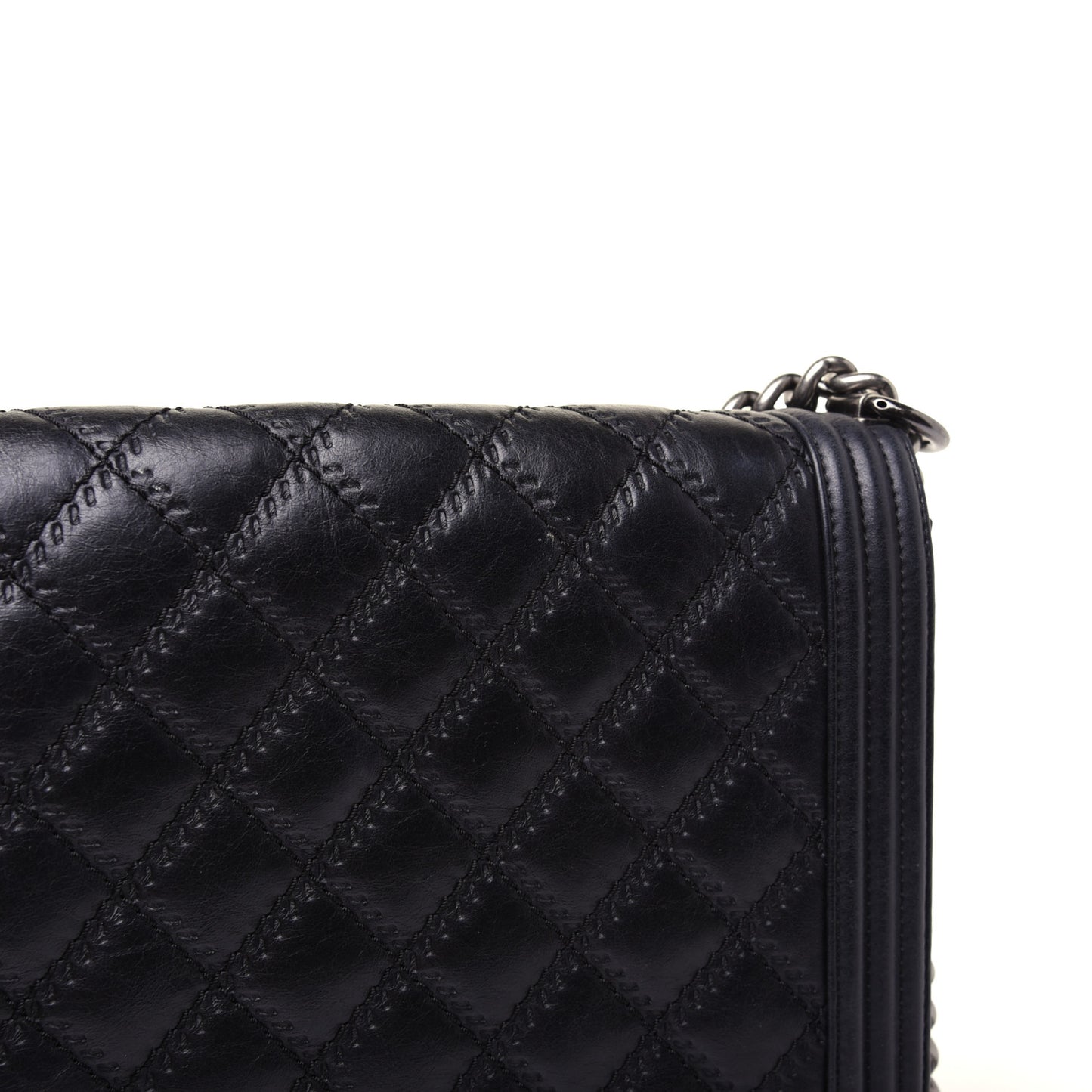 Calfskin Embossed Stitch Large Boy Flap Black
