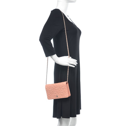 Chanel Goatskin Camellia Embossed Wallet On Chain WOC Light Pink 2 of 12