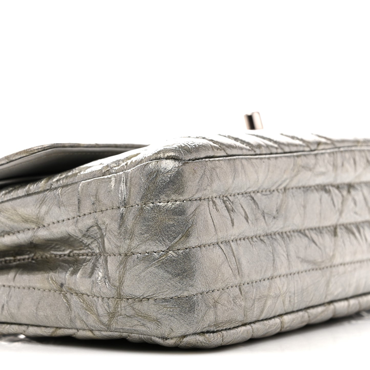 Metallic Patent Crumpled Calfskin Chevron Quilted Medium Double Flap Silver