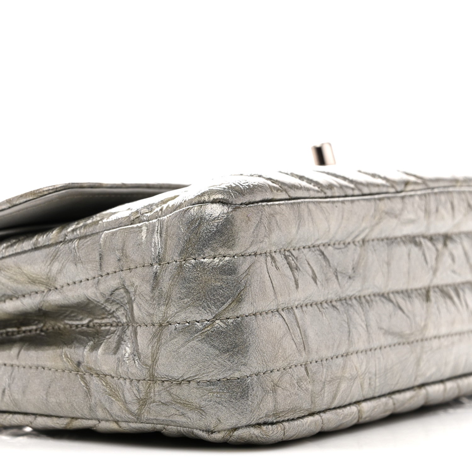 Chanel Metallic Patent Crumpled Calfskin Chevron Quilted Medium Double Flap Silver 9 of 13