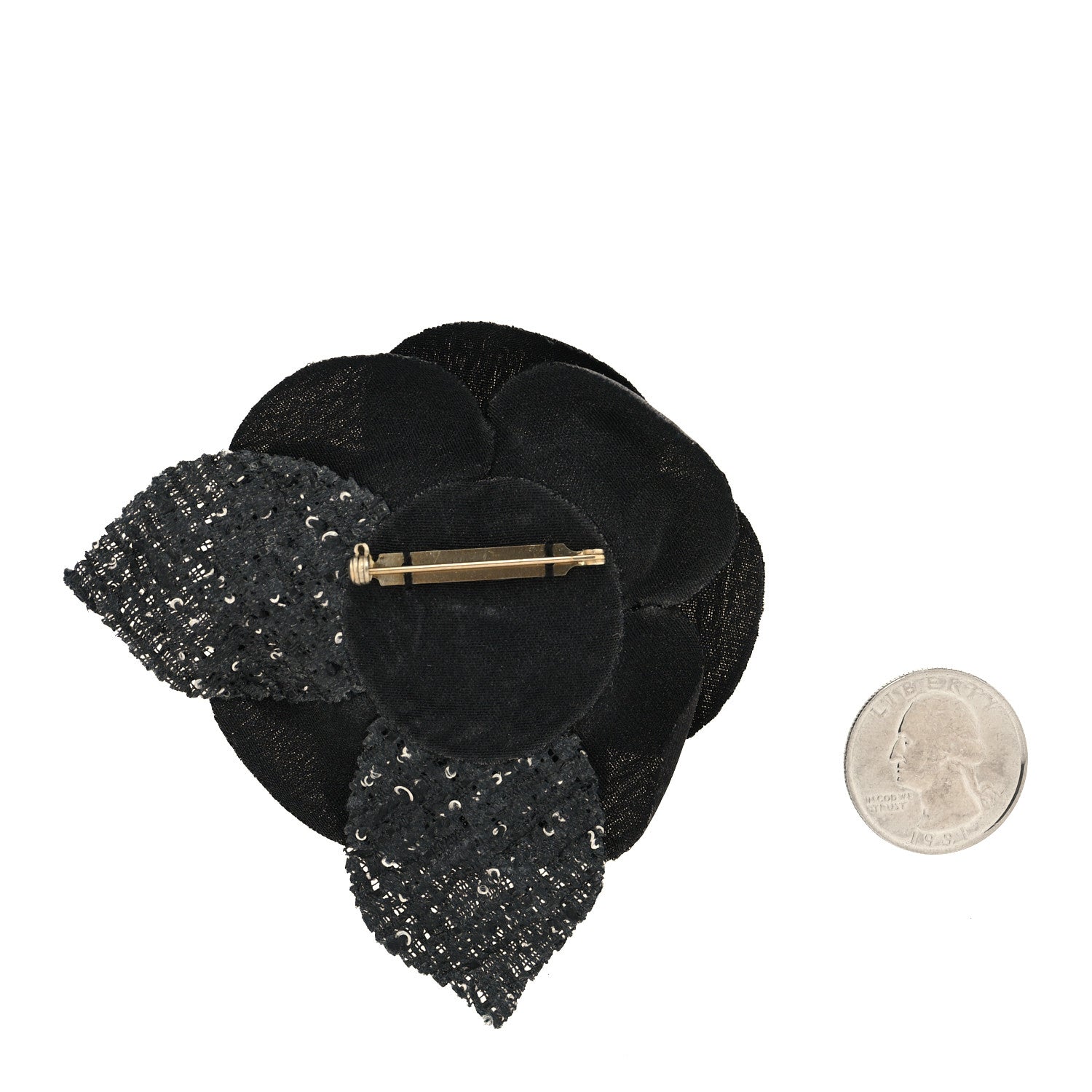 Chanel Tweed Camellia Pin Brooch Black 2 of 3