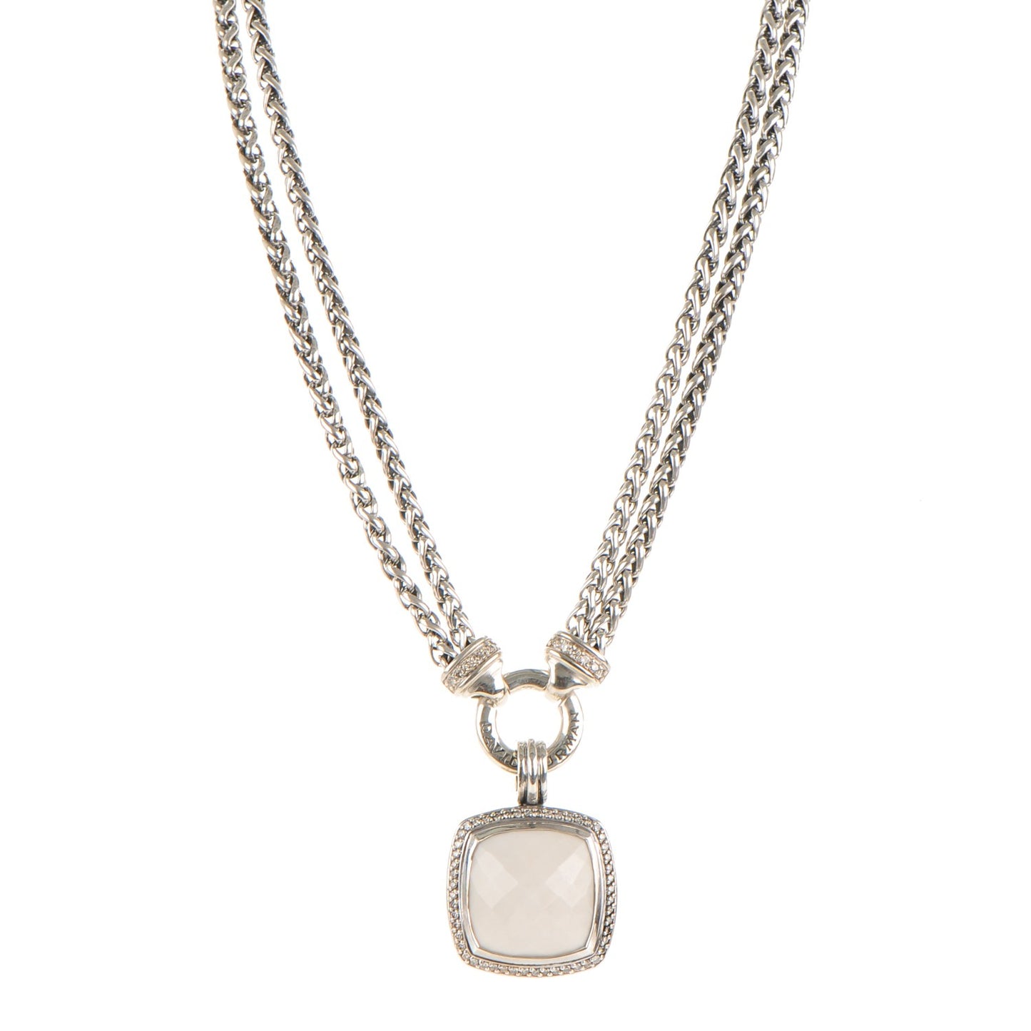 Sterling Silver Pave Diamond White Agate 19mm Albion Pendant Necklace