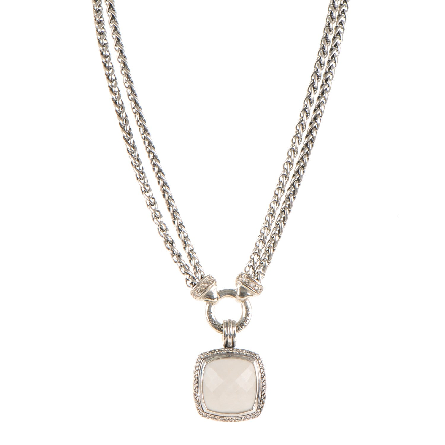 David Yurman Sterling Silver Pave Diamond White Agate 19mm Albion Pendant Necklace 1 of 4