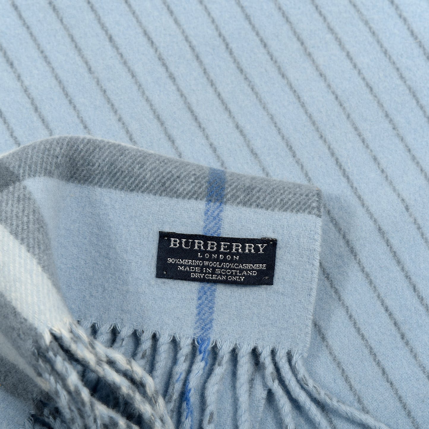 Wool Cashmere House Check Striped Fringe Scarf Blue Grey