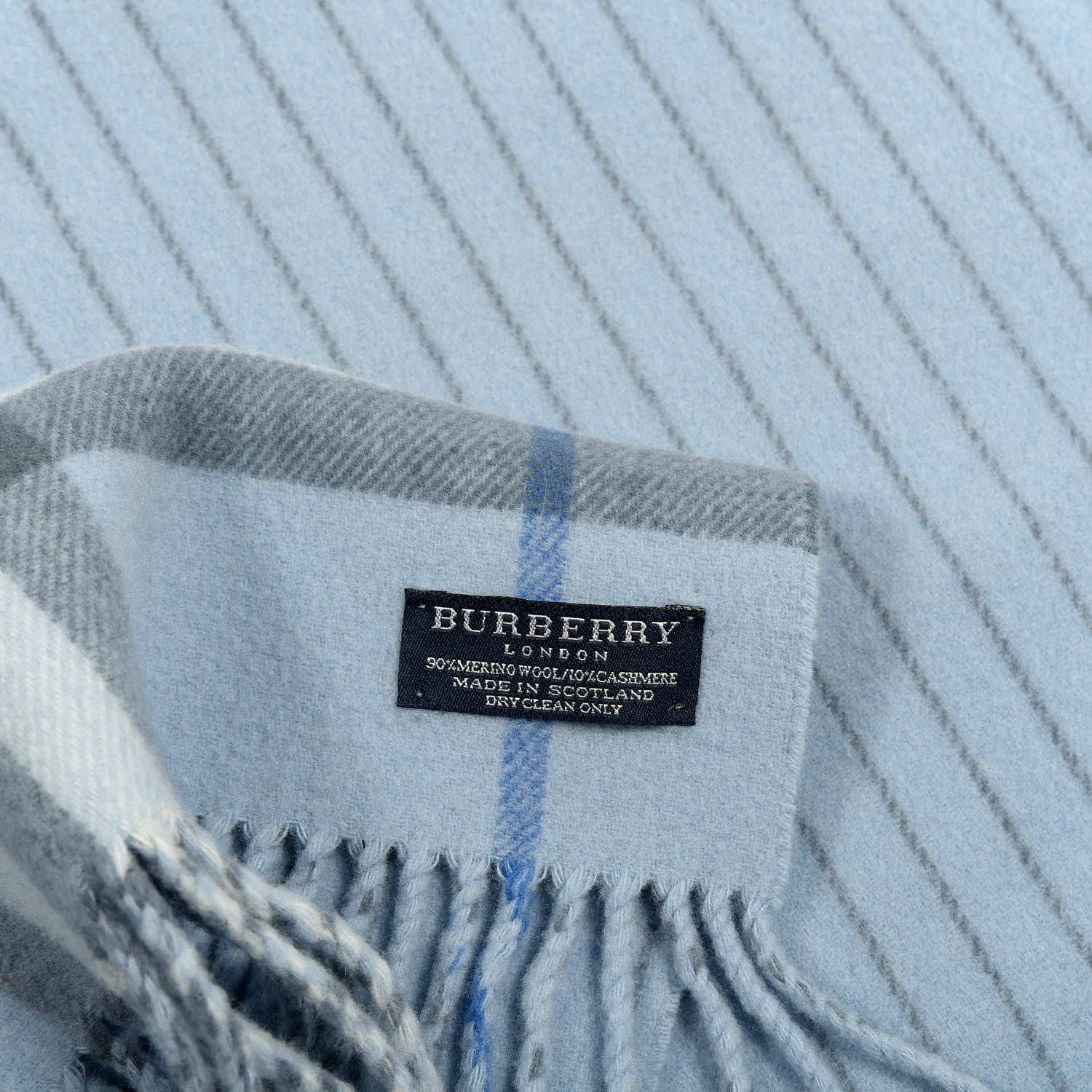 Burberry Wool Cashmere House Check Striped Fringe Scarf Blue Grey 3 of 3