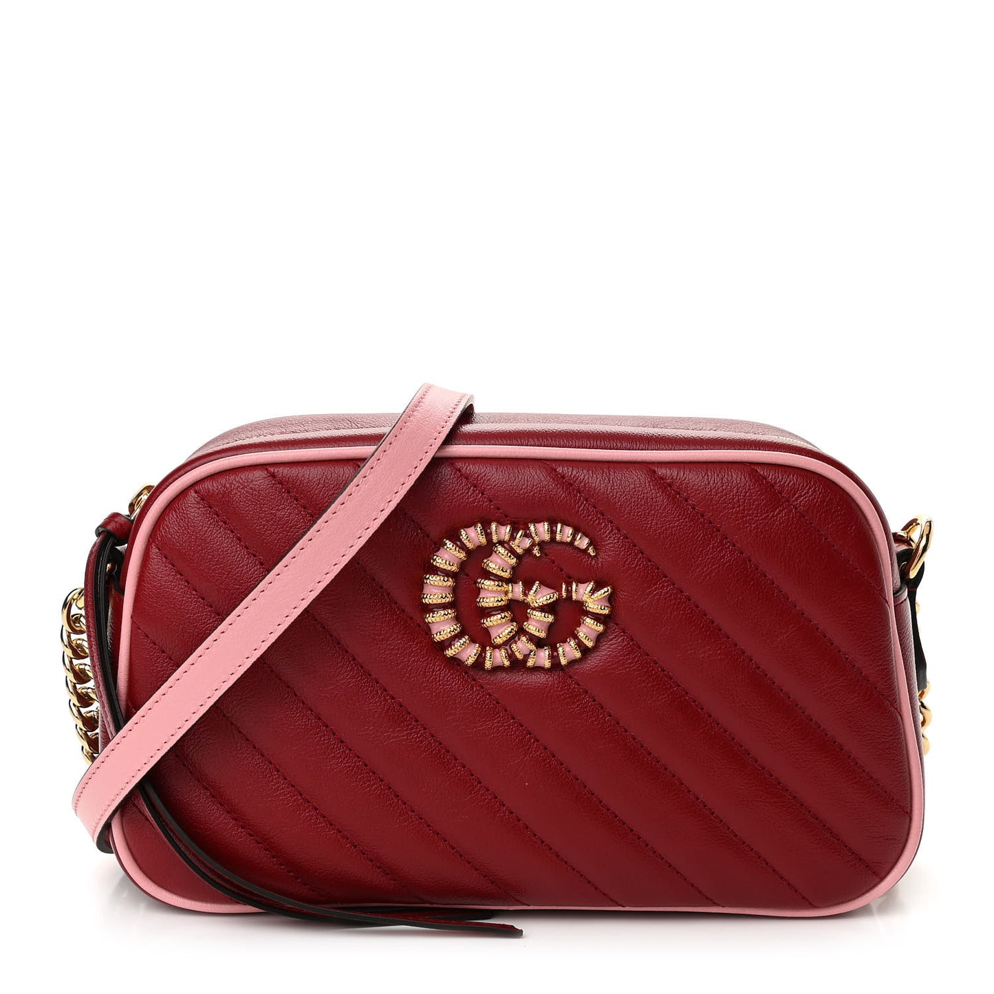 Azalea Calfskin Enamel Matelasse Diagonal Small Torchon GG Marmont Chain Shoulder Bag New Cherry Red Wild Rose