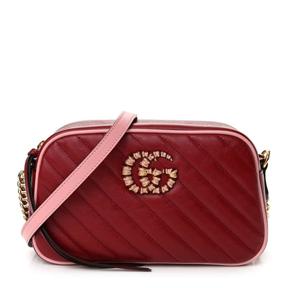 Gucci Azalea Calfskin Enamel Matelasse Diagonal Small Torchon GG Marmont Chain Shoulder Bag New Cherry Red Wild Rose 1 of 10